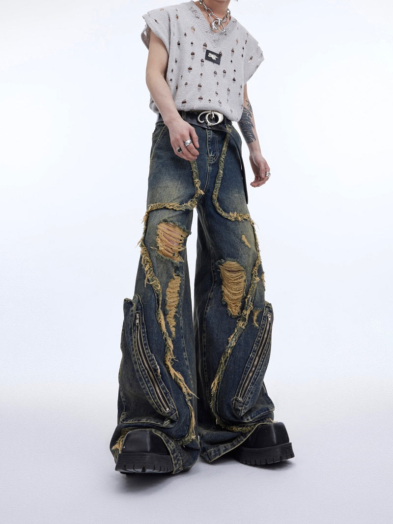 Retro Distressed Heavy Niche Deconstruction Tasseled Jeans