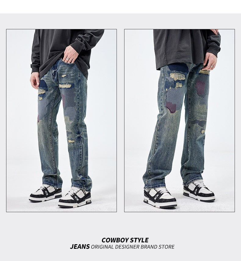 American Style Loose Broken Patch Straight Retro Denim Trousers Men