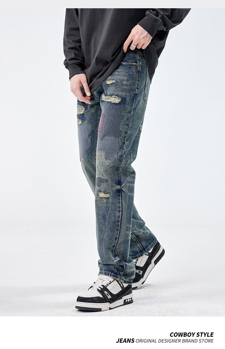 American Style Loose Broken Patch Straight Retro Denim Trousers Men