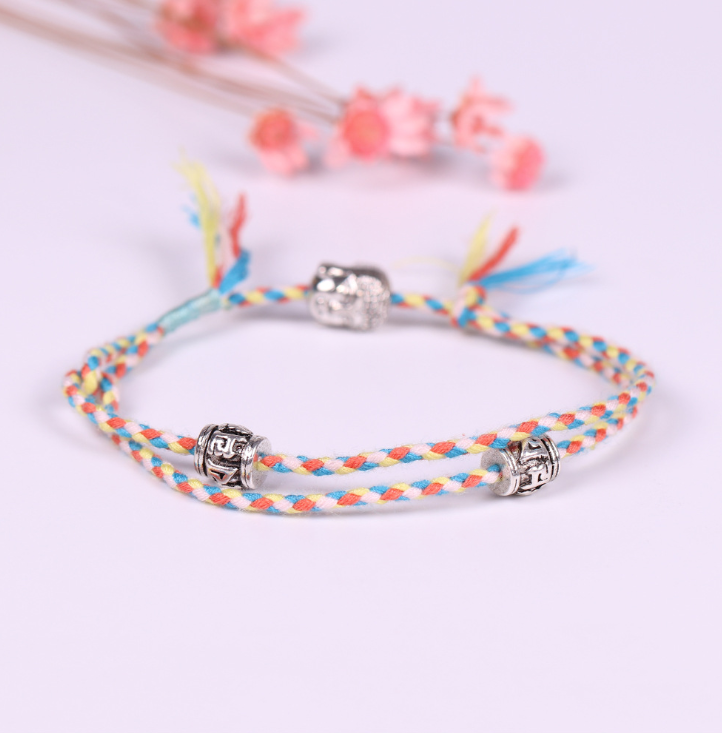 Hand-woven colorful lucky rope bracelet adjustable silver Buddha head double simple bracelet