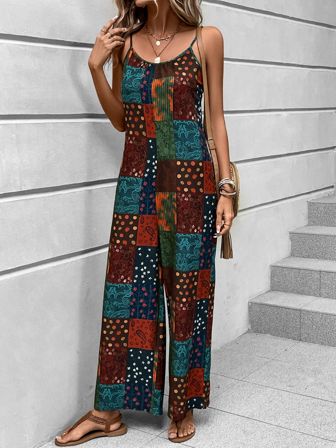 Printed Scoop Neck Spaghetti Strap Jumpsuit 