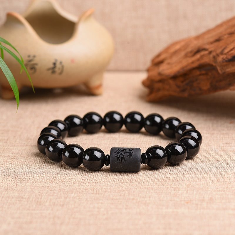 Obsidian Frosted Dragon and Phoenix Buddha Bead Bracelet