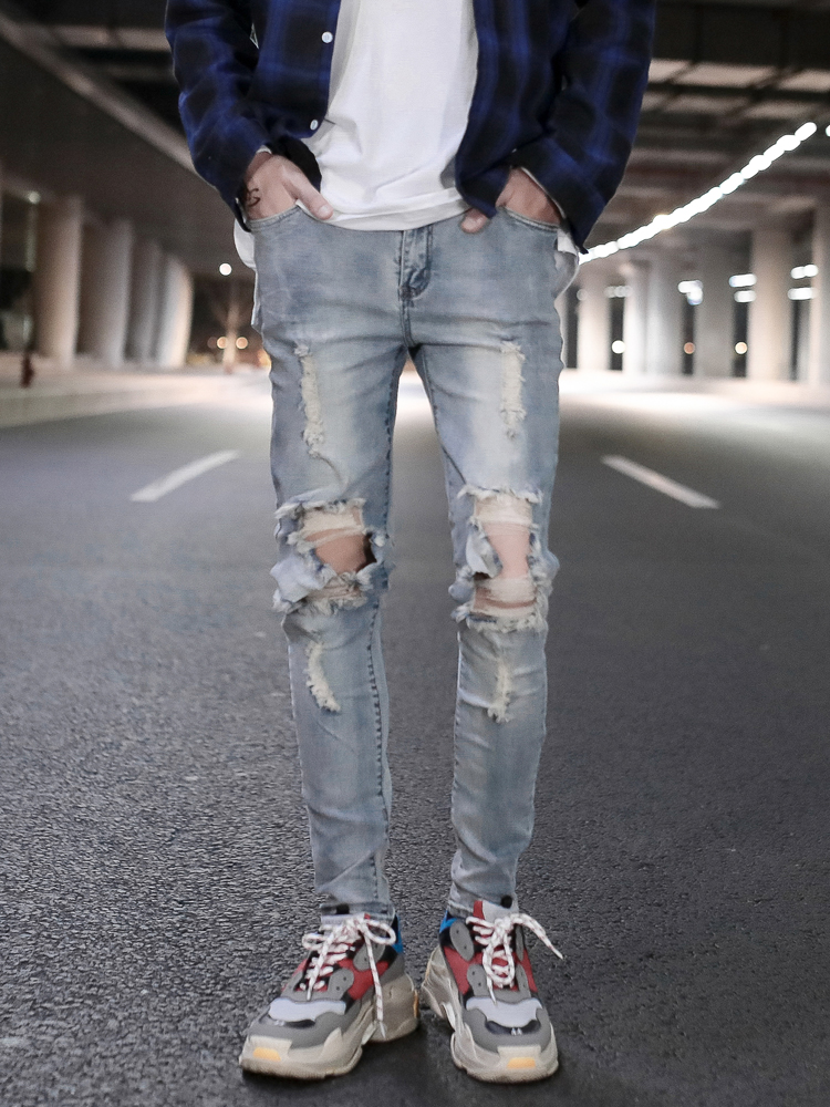 Knee damage ripped blue washed distressed men's jeans