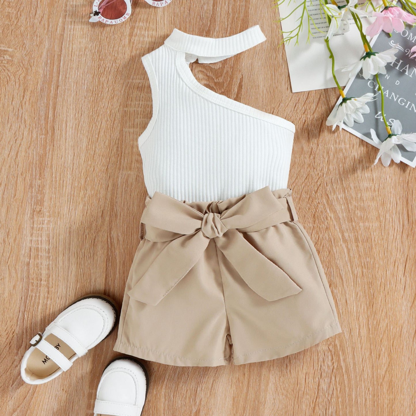 Sleeveless Slanted Shoulder Bow Shorts Girls Suit