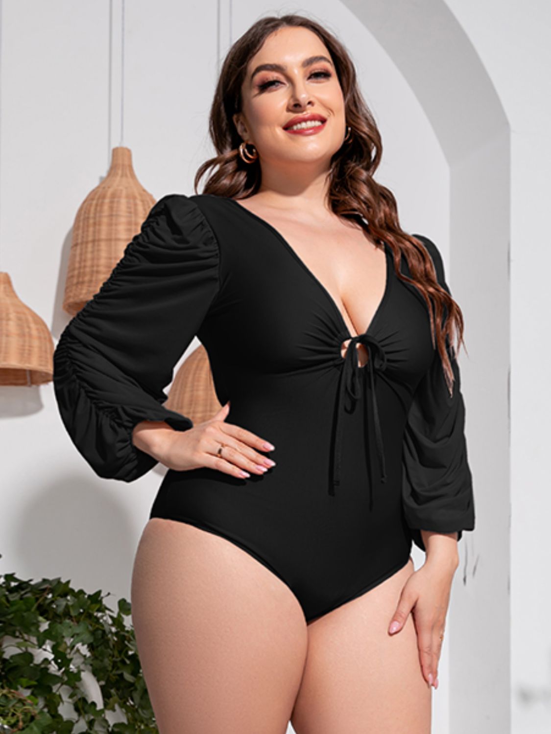 Plus Size Tied Deep V Balloon Sleeve One-Piece Swimsuit 