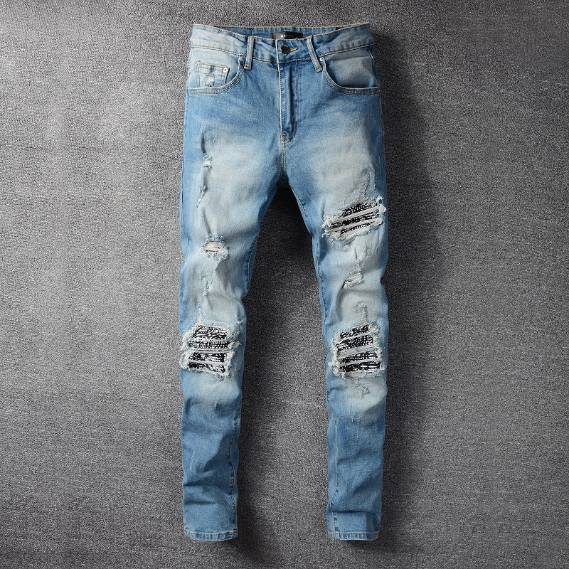 Pleated Pattern Patch Slim Fit Small Leg Jeans