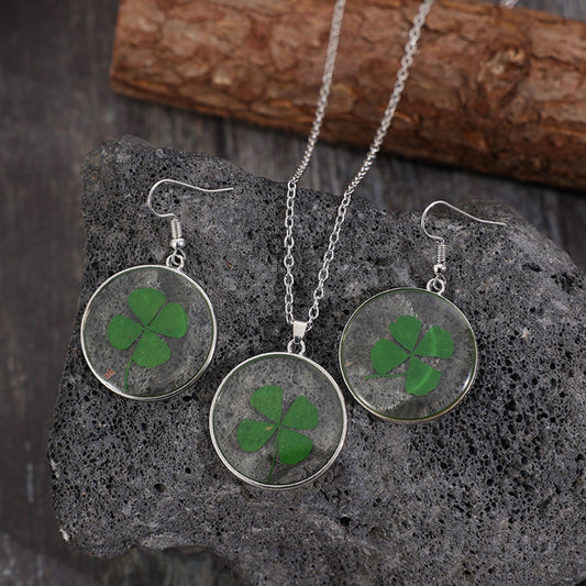 Lucky Clover Alloy Acrylic Earrings and Necklace Jewelry Set 