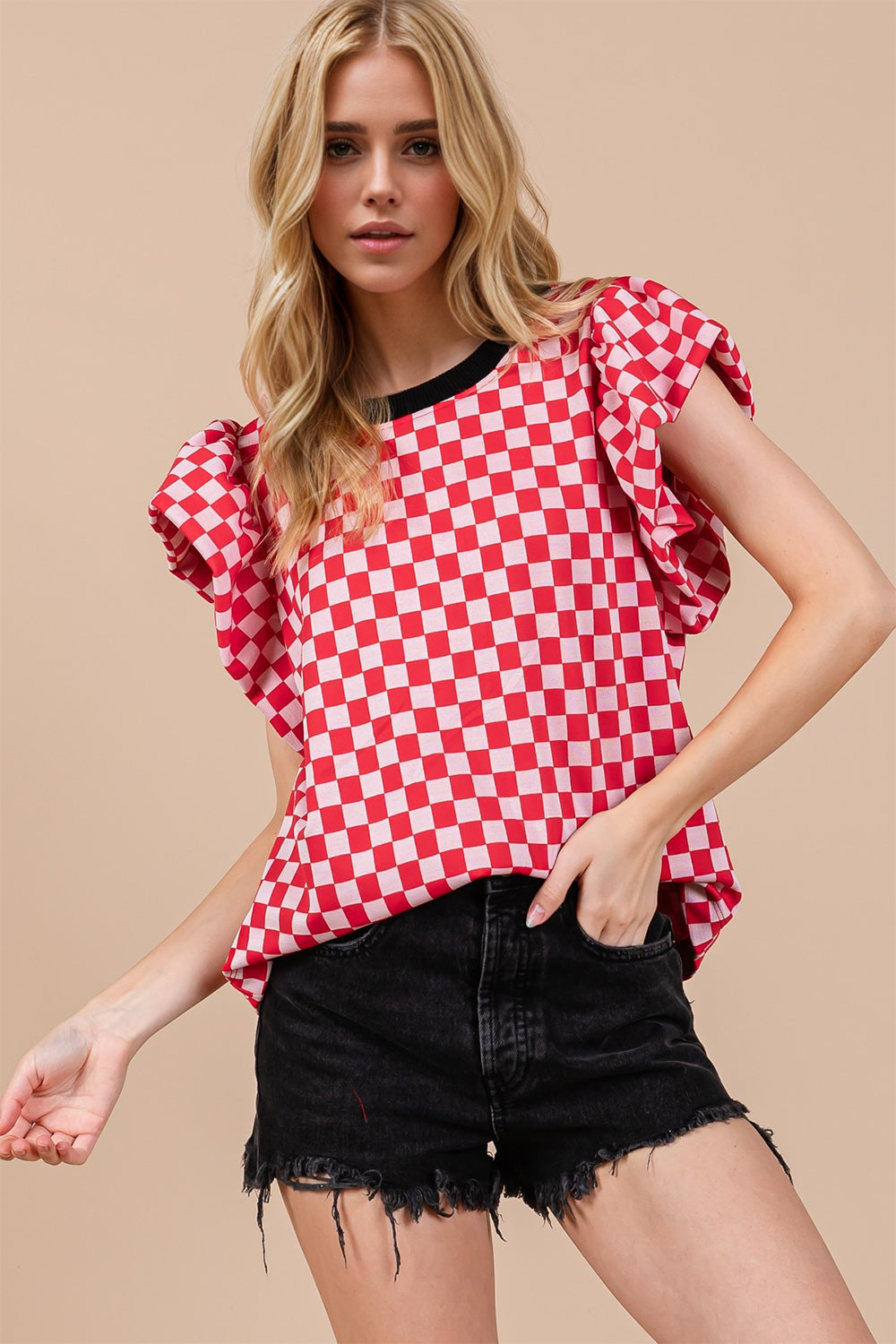 OH Checkered Round Neck Puff Sleeve Blouse