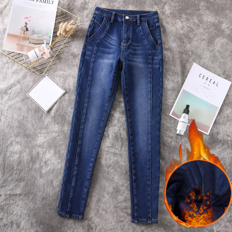 Large Size Plus Velvet Thick Slim-fit Denim Female Long