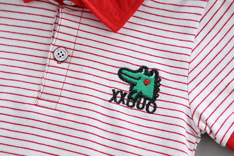 Two-piece cartoon short-sleeved striped polo shirt