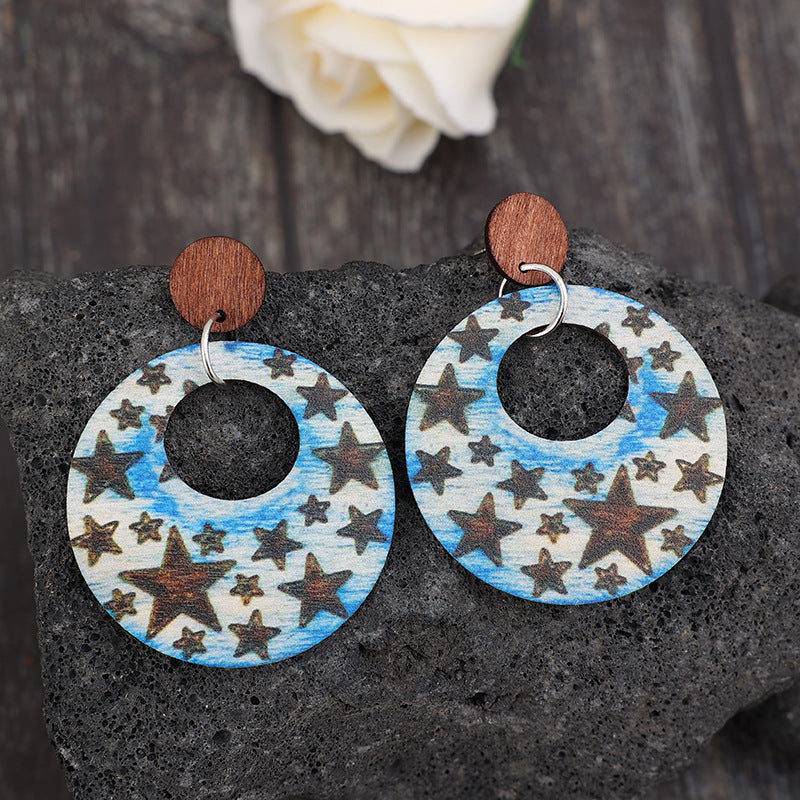 Cutout Star Print Wooden Dangle Earrings 