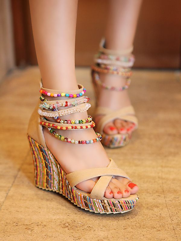 Bohemian Wedge Handmade Beaded Sandals Platform Shoes 