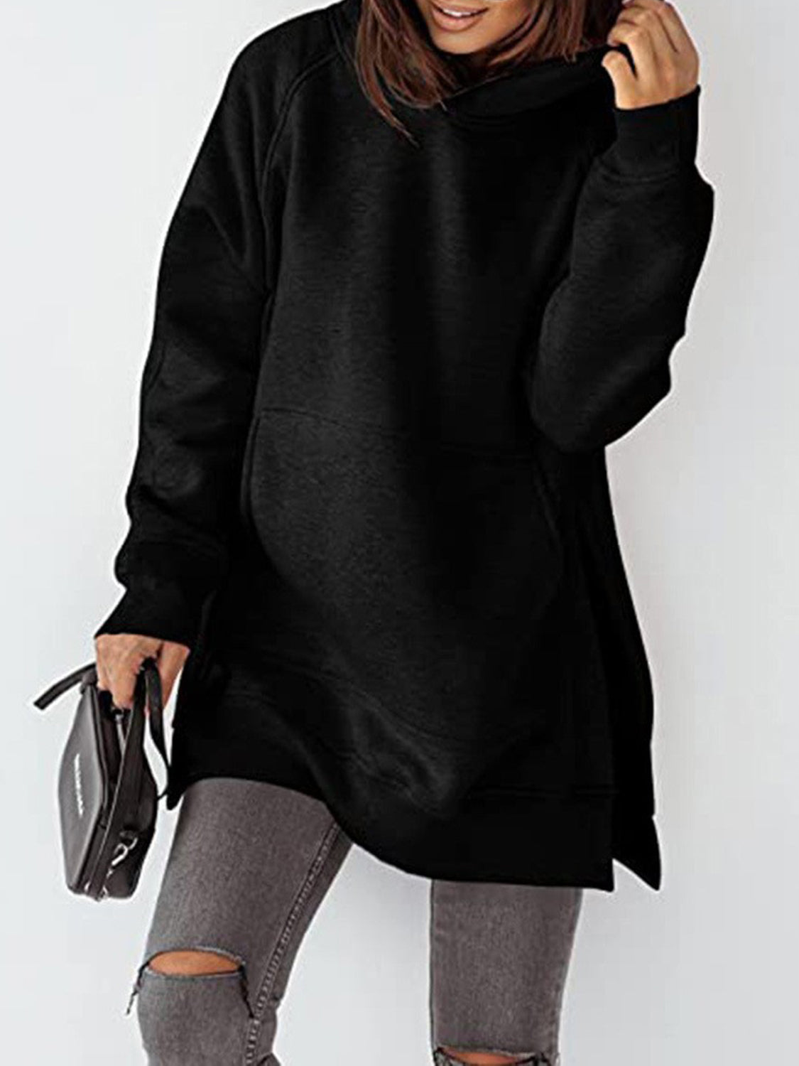 Slit Pocketed Raglan Sleeve Hoodie 