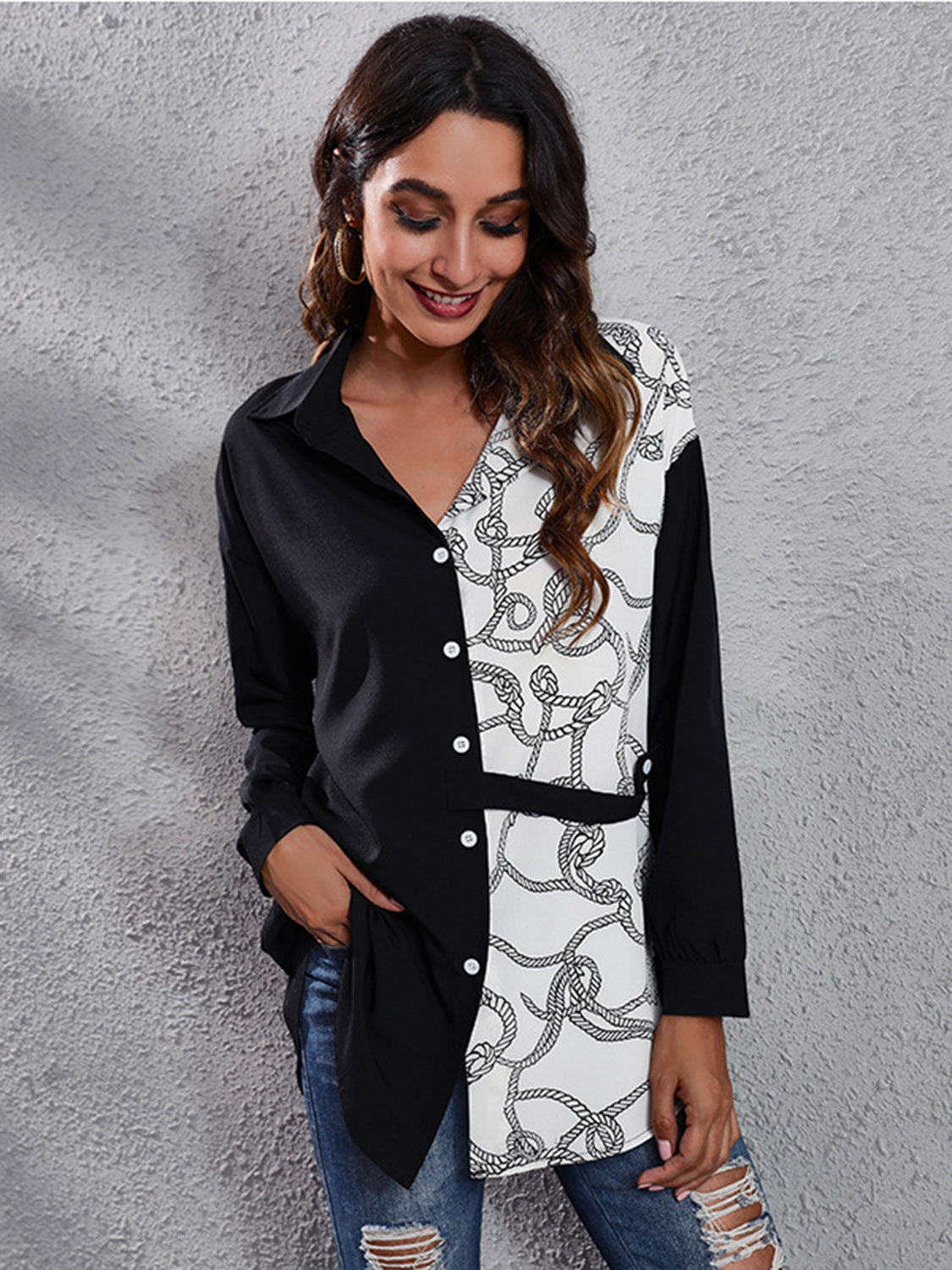 Printed Collared Neck Long Sleeve Shirt - Babbazon New Products