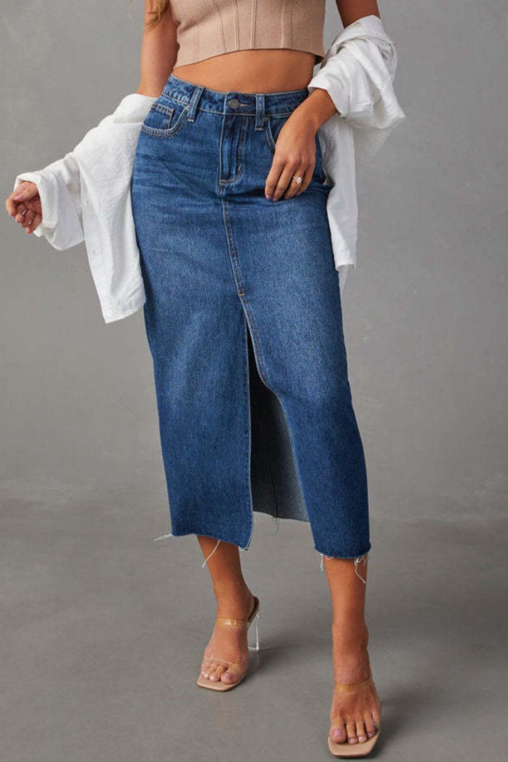 Slit Raw Hem Midi Denim Skirt - Babbazon New Products