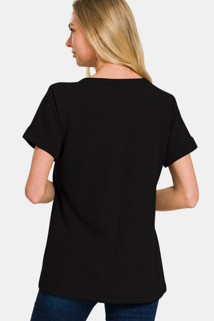 Zenana Notched Short Sleeve Waffle T-Shirt 