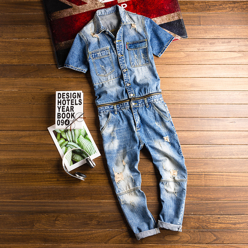 Trendy Men's One-piece Overalls Men's Retro Washed Ripped Jeans