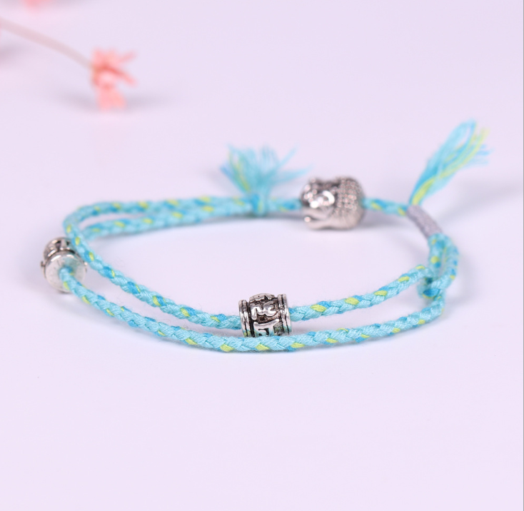 Hand-woven colorful lucky rope bracelet adjustable silver Buddha head double simple bracelet