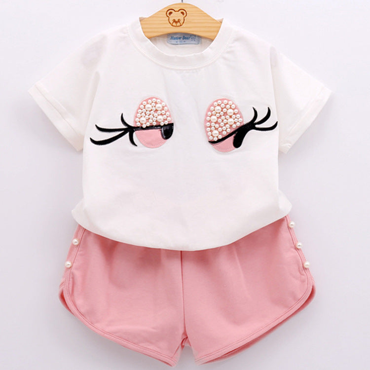 Children's suit Cute eyelashes Short sleeve two piece set