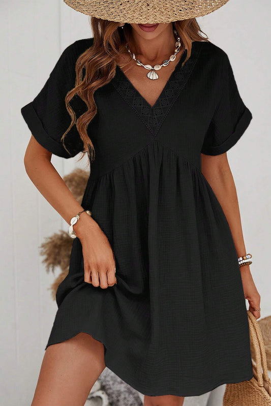 Black Folded Short Sleeve Lace V Neck Mini Dress - Babbazon Short Dresses