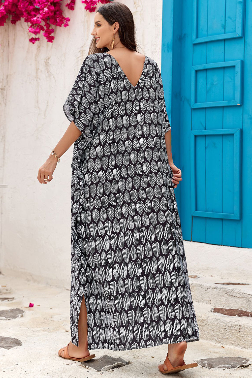 Slit Printed V-Neck Half Sleeve Cover Up