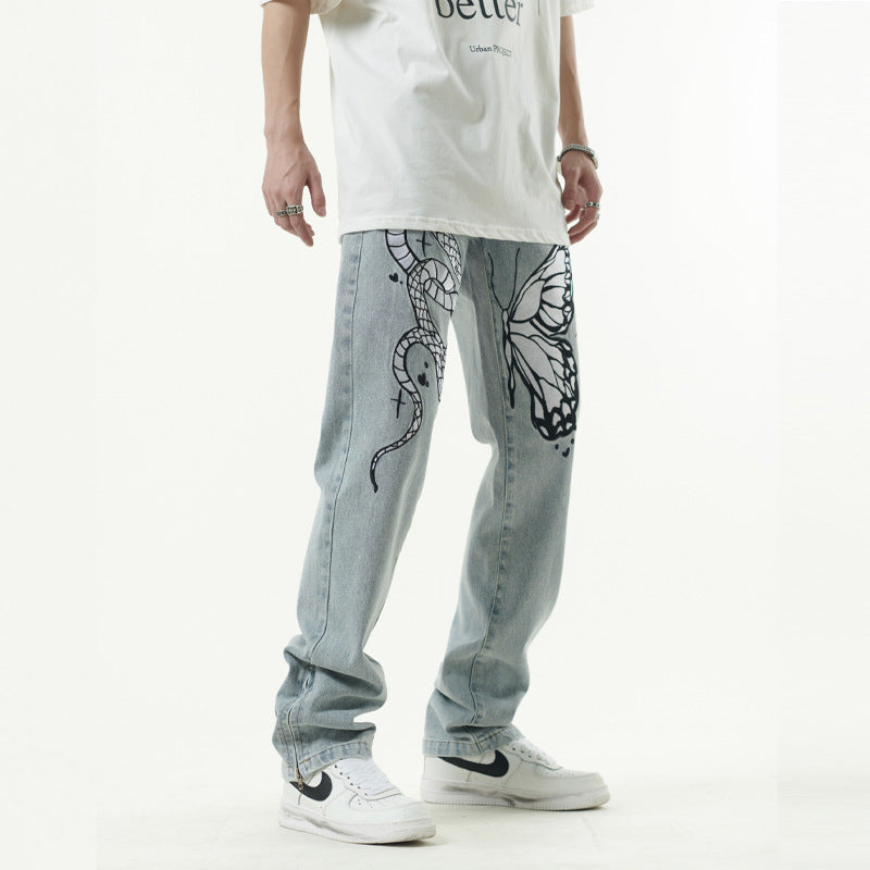 Loose Lower Tube All-match High Street Embroidery Hip-hop INS Casual Male Denim