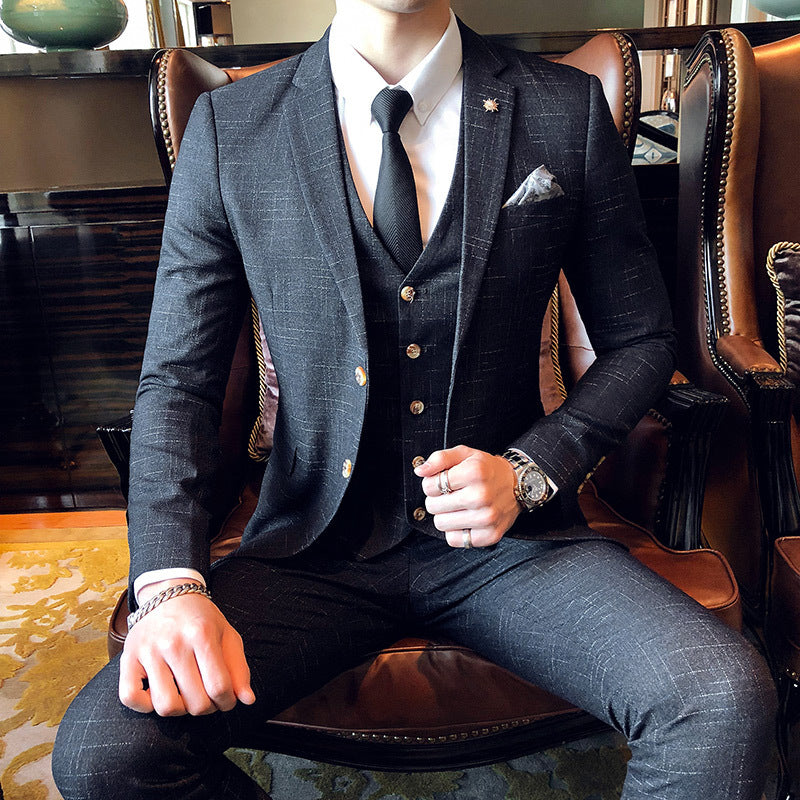 Slim-fit Three-piece Suit With Dark Pattern Business Casual