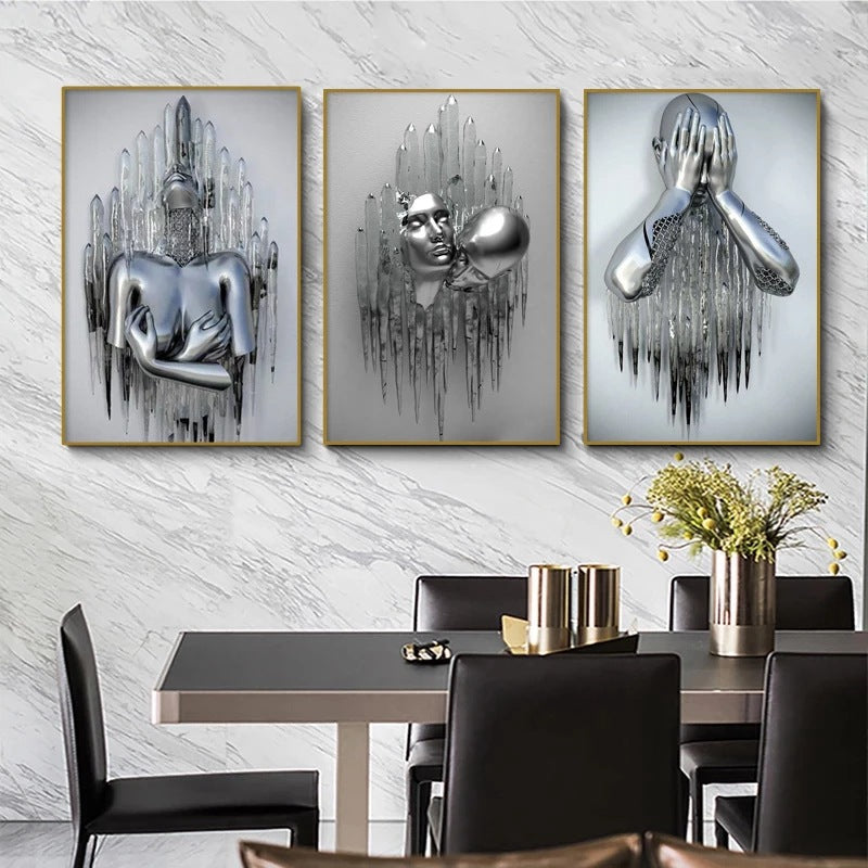 Creative Metal Characters Embrace Frameless Poster Paintings