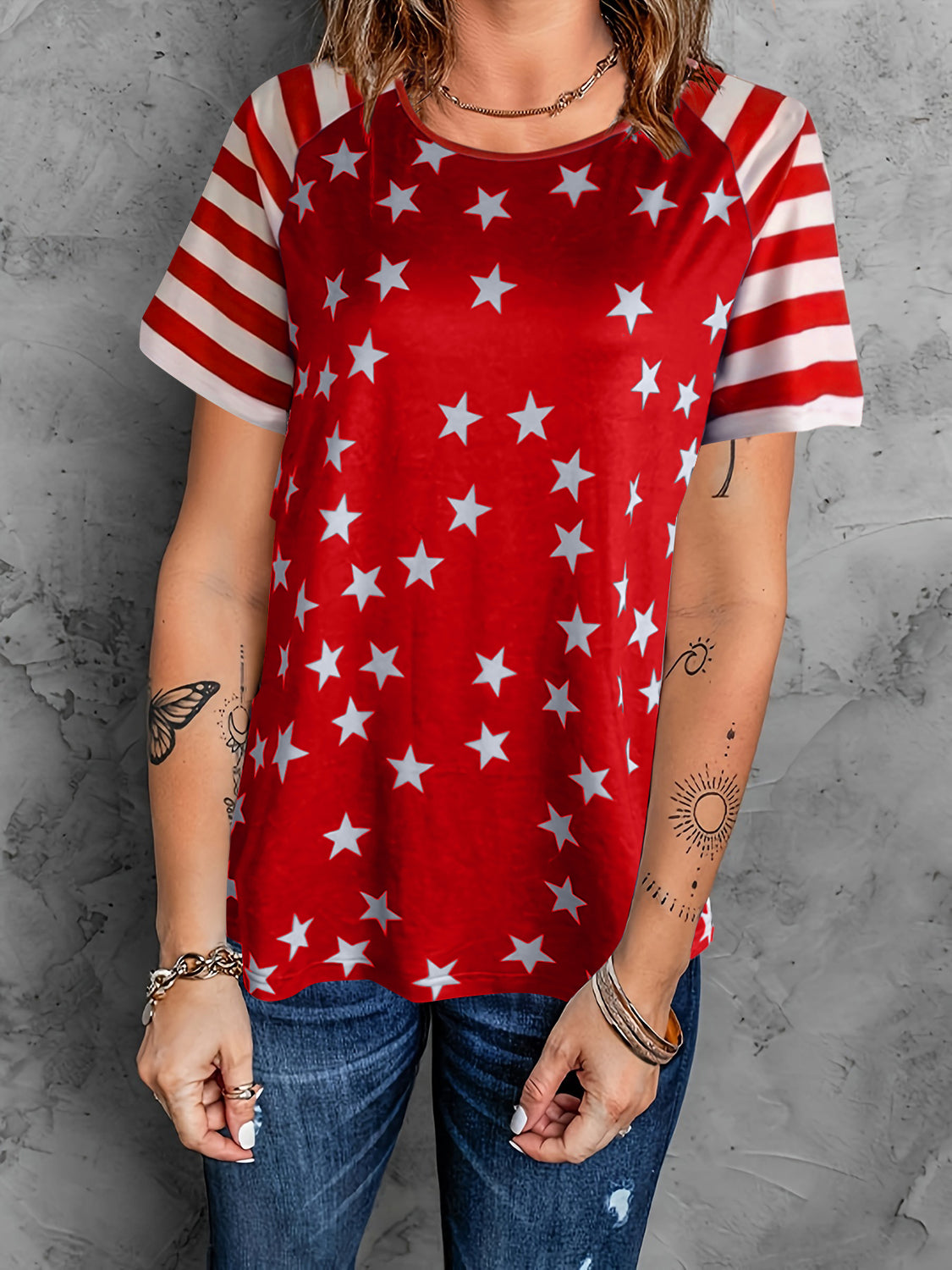 Full Size Star Striped Round Neck Short Sleeve T-Shirt - Babbazon New Products