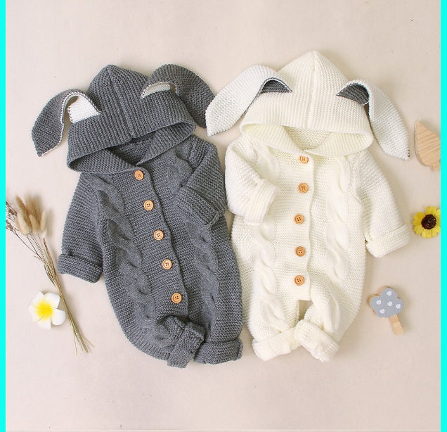 Three-dimensional Bunny Ears Hooded Knitted Romper