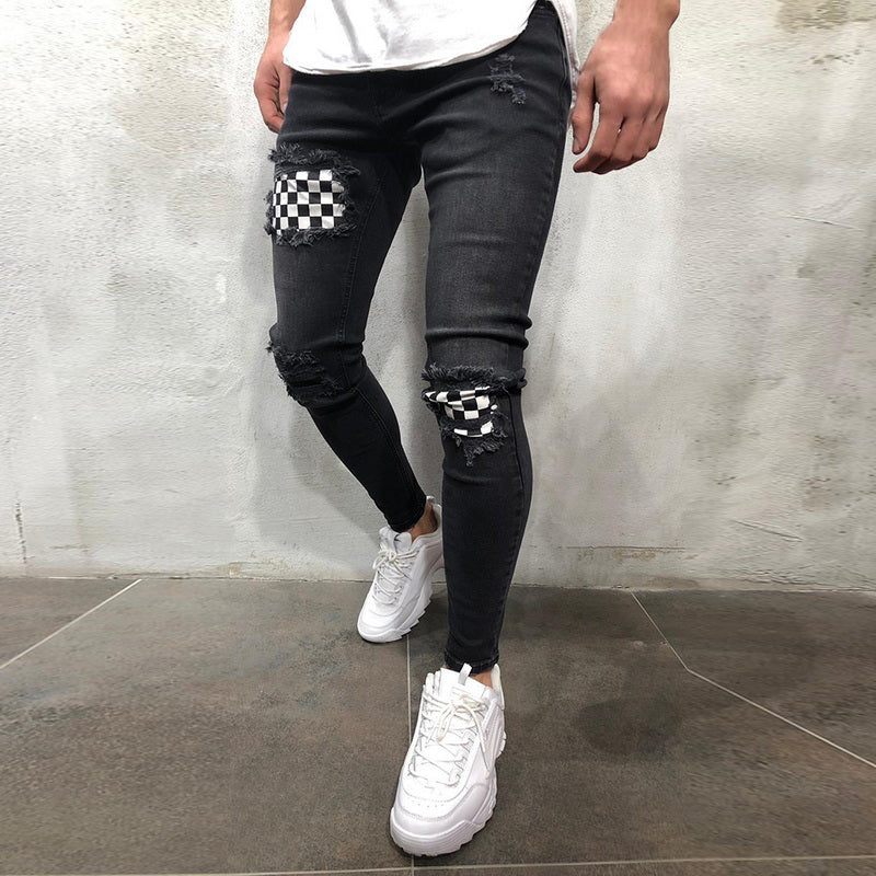 Men hip hop high-end quality tight slim ripped leg pants men