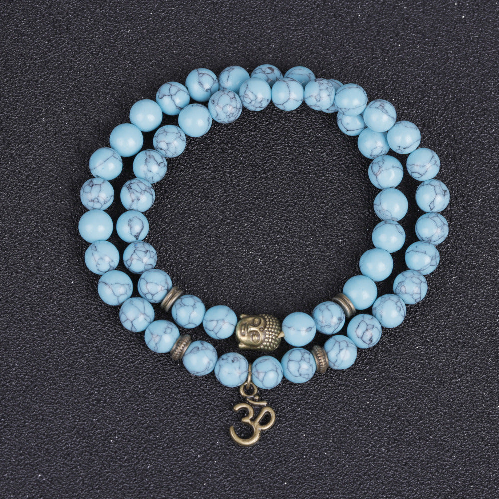 Bronze Buddha Head and Volcanic Stone Double Row Bracelet