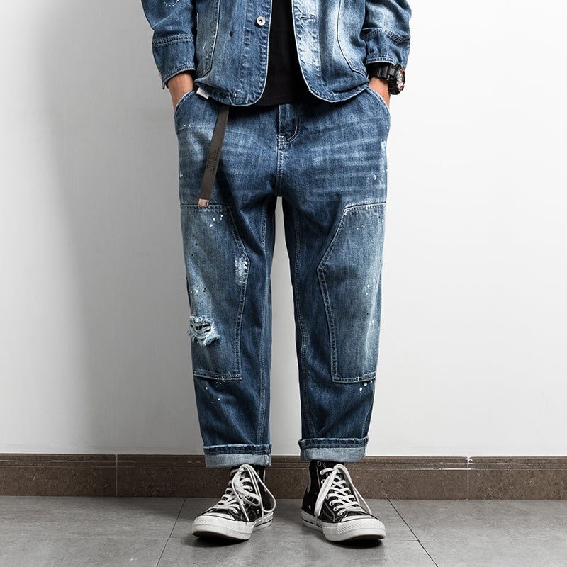 Men's Jeans Japanese Retro Splash Ink Casual Overalls