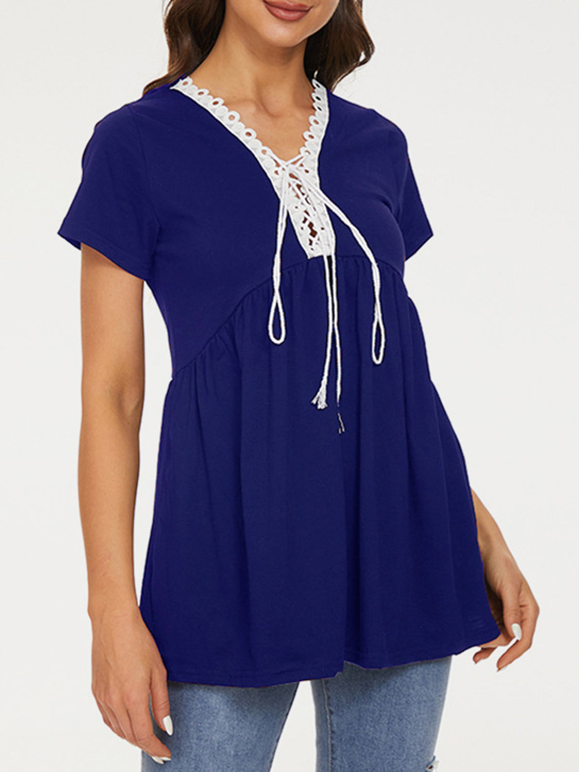 Lace Detail Tie Neck Short Sleeve T-Shirt - Babbazon New Products