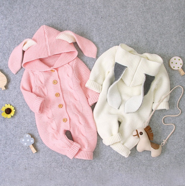 Three-dimensional Bunny Ears Hooded Knitted Romper