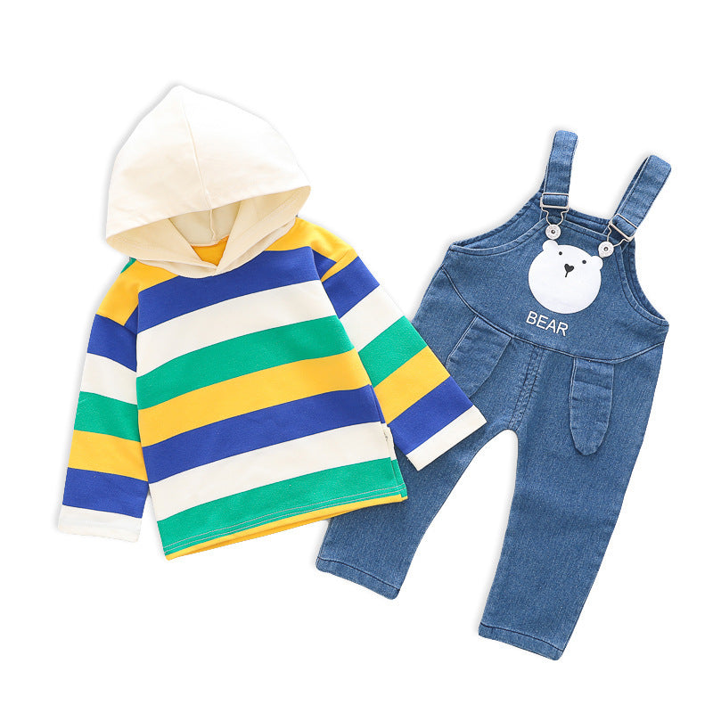 Boys Suit Rainbow Hood Long Sleeved Sweater Denim Overalls