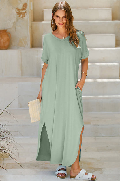 Slit Pocketed Short Sleeve Dress 