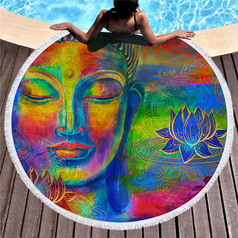 Indian Buddha statue round beach towel