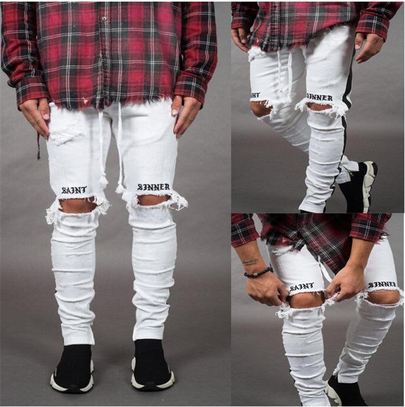 Denim trousers black male ripped jeans