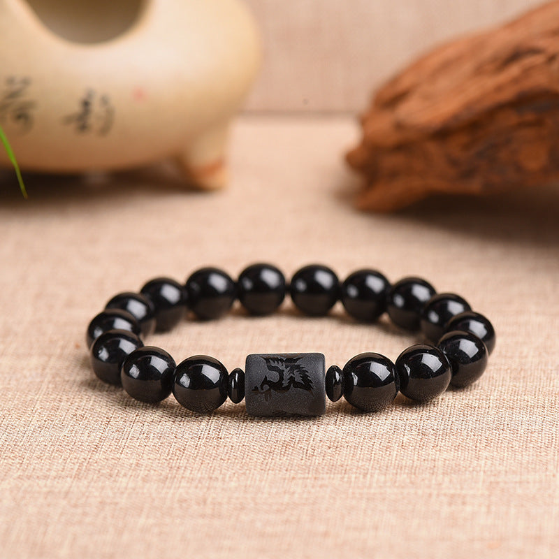 Obsidian Frosted Dragon and Phoenix Buddha Bead Bracelet