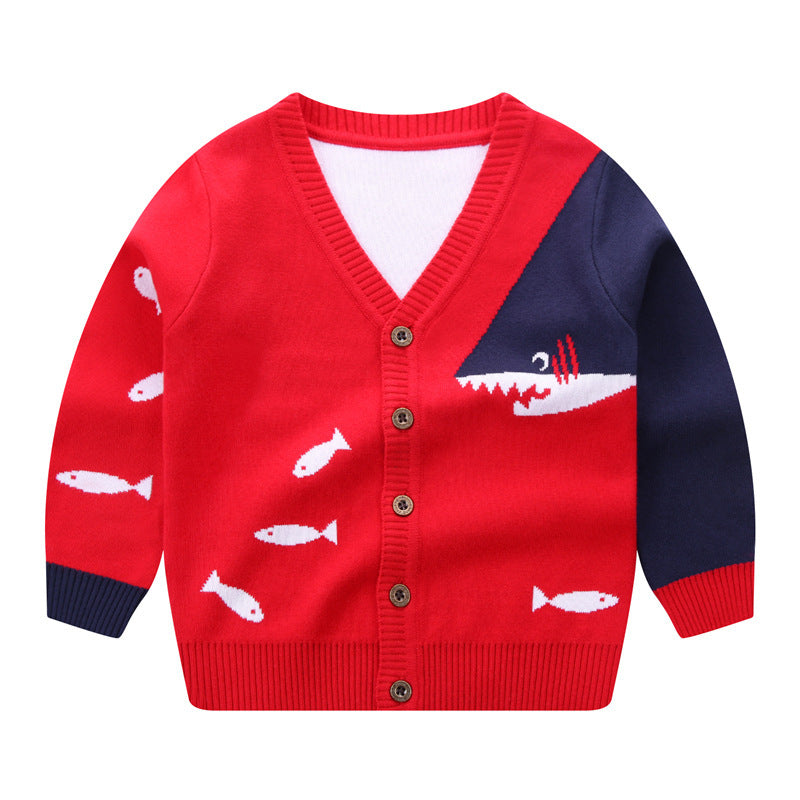 Small fish V-neck single breasted sweater for children