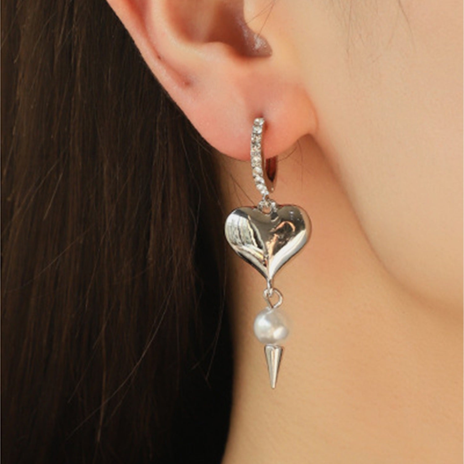 Alloy Rhinestone Synthetic Pearl Heart Earrings 