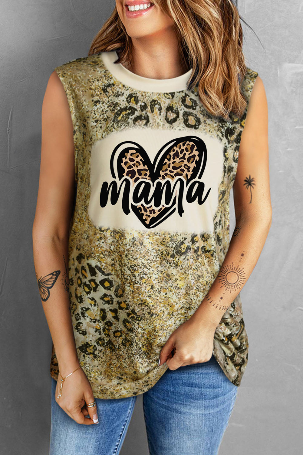 Leopard mama Heart Shaped Print Crew Neck Tank Top - Babbazon Graphic Tees