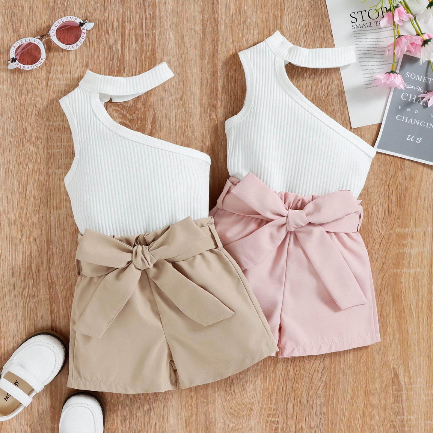 Sleeveless Slanted Shoulder Bow Shorts Girls Suit