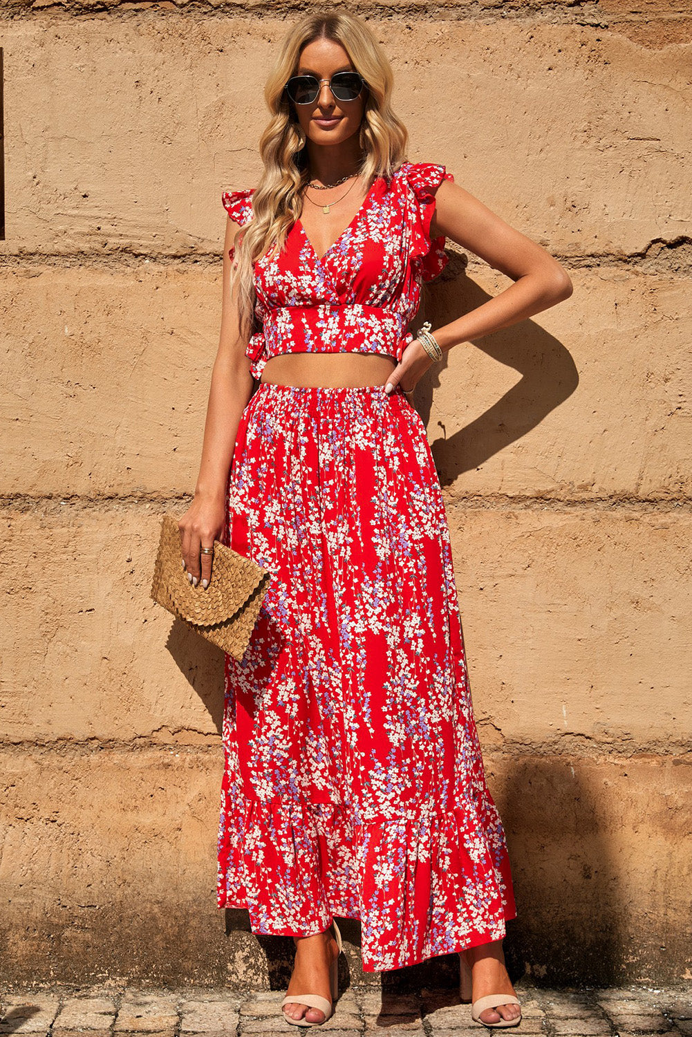 Printed Tie Back Cropped Top and Maxi Skirt Set - Babbazon Tops