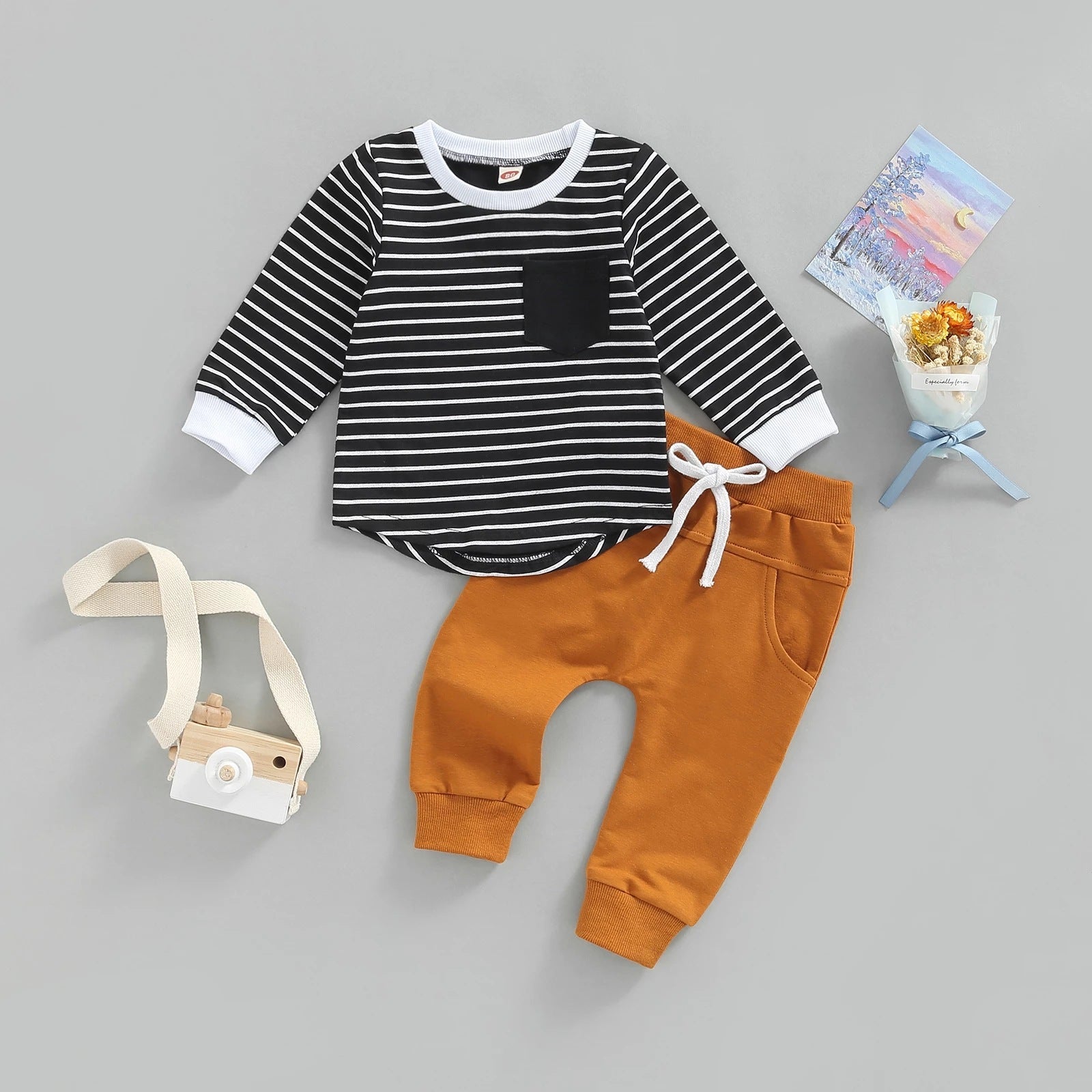 Children's Striped Long Sleeve Round Neck T-shirt Trousers Set