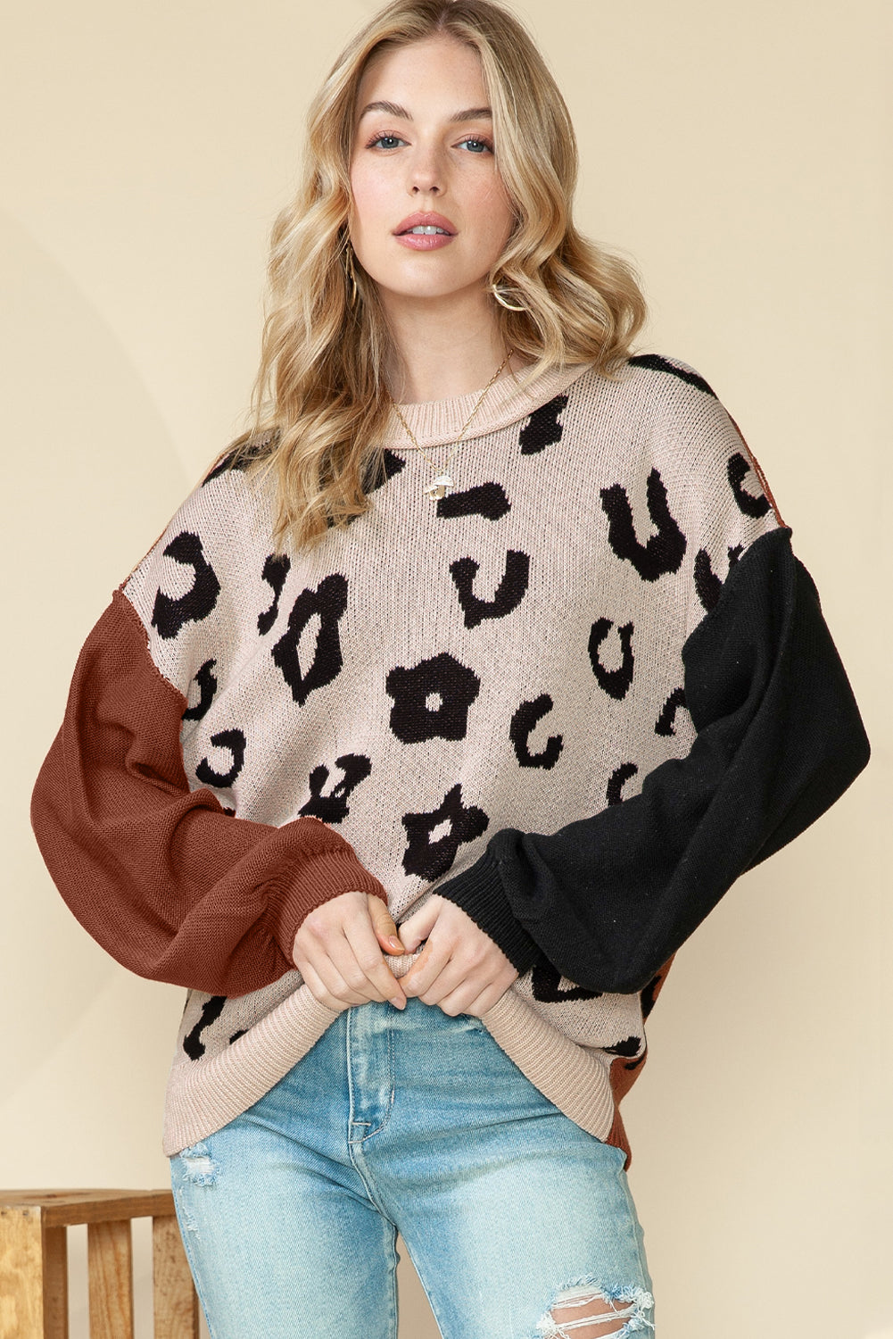 Coffee Leopard Print Patchwork Pullover Sweater - Babbazon Sweaters