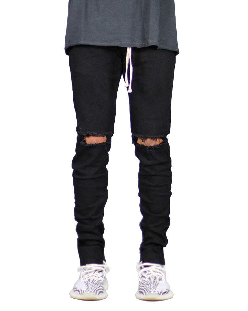 Trendy Big Ripped Men's Lace-Up Zip-Up Jeans