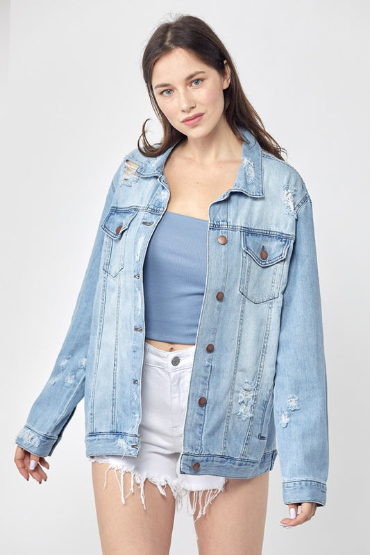 RISEN Full Size Distressed Long Sleeve Denim Jacket - Babbazon New Products