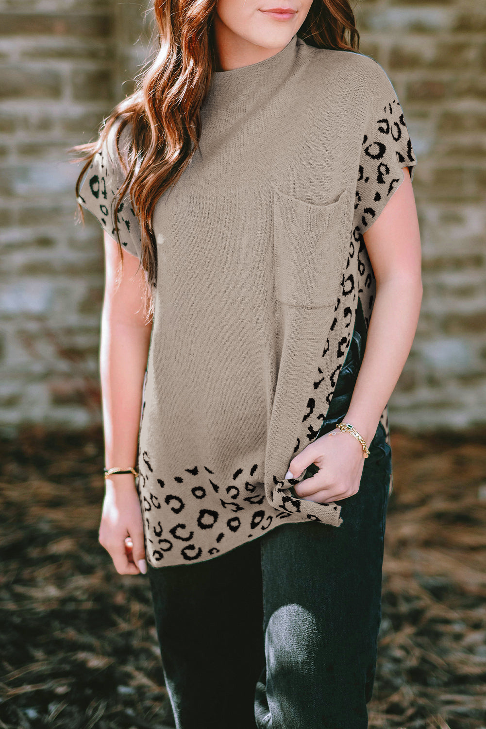 Smoke Gray Leopard Splicing Side Slit Short Sleeve Sweater - Babbazon Sweaters